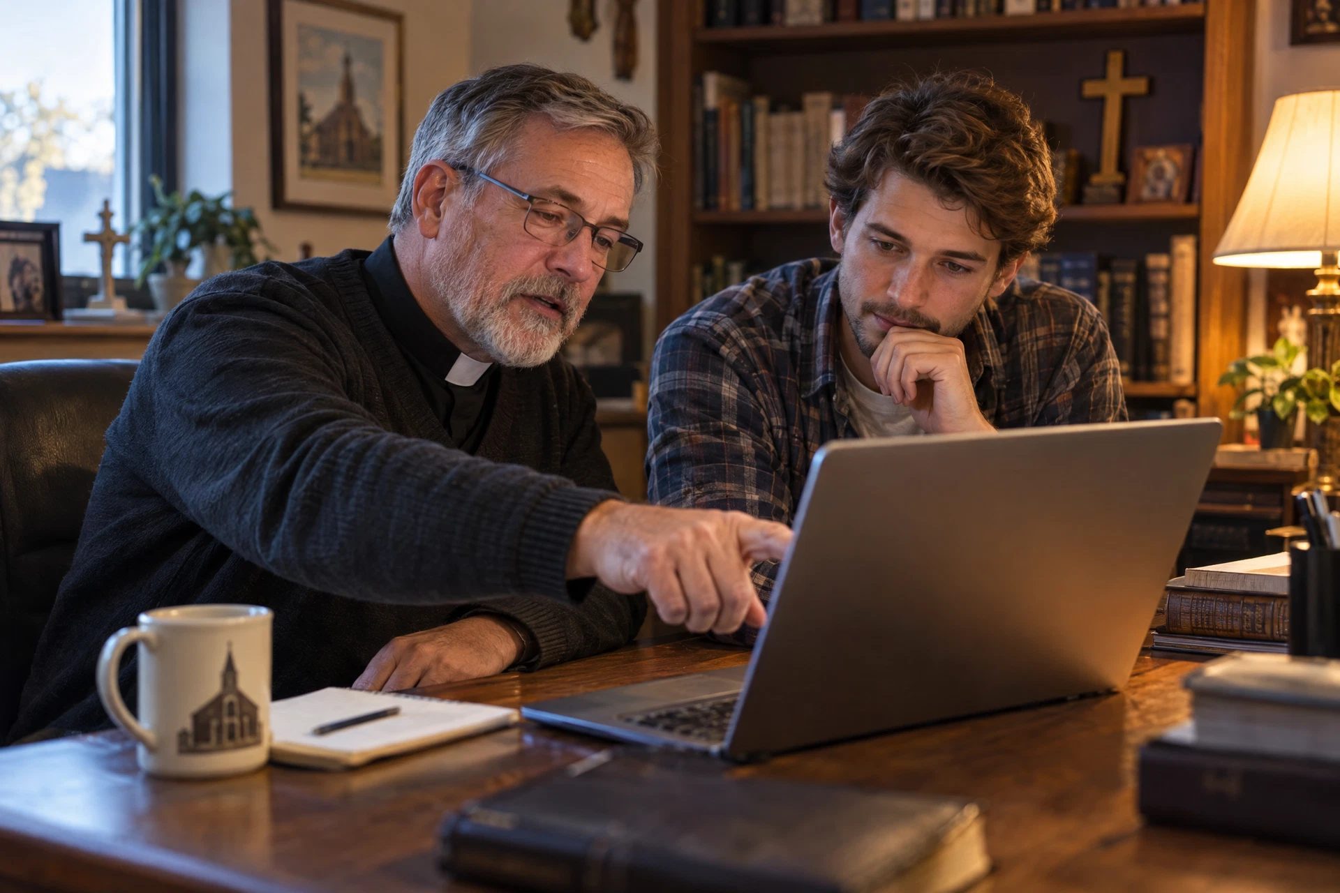 A pastor and a church volunteer working through the church's website together in a small office